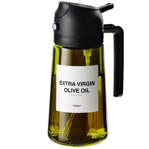 16 oz./470ml Glass Black Olive Oil Dispenser Bottle Non-Toxic Coating Sunlight Protection Spray Nozzle for Kitchen