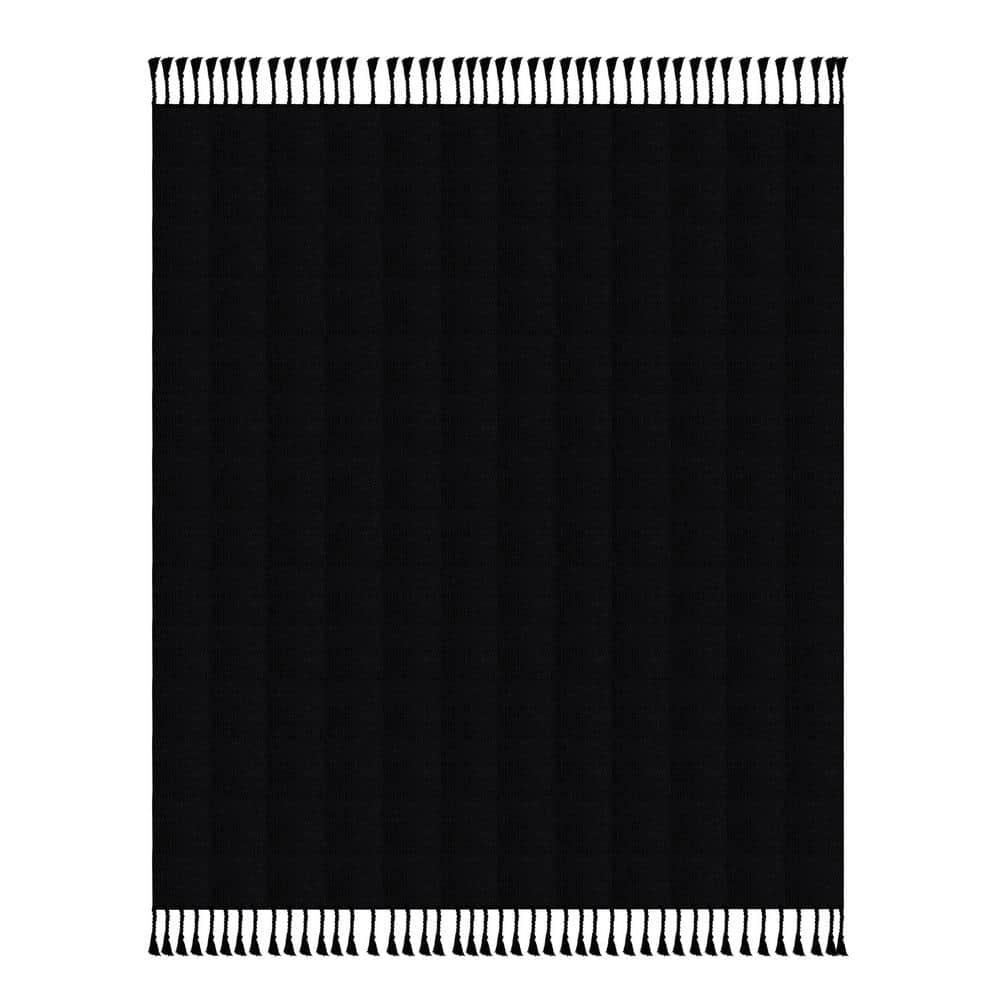 Cozy Cotton Checkered Weave Throw Blanket with Fringe - Black