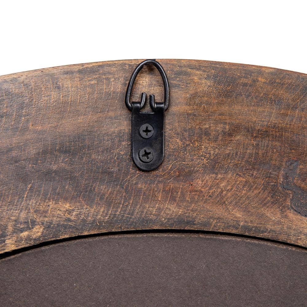 Walnut Round Carved Wood Framed Wall Mirror with Hobnail Detail