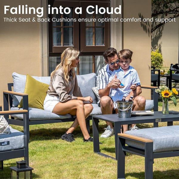 5-Piece Aluminum Patio Conversation Set with 51 in. Fire Pit Table and 7-Seat with Grey Cushions