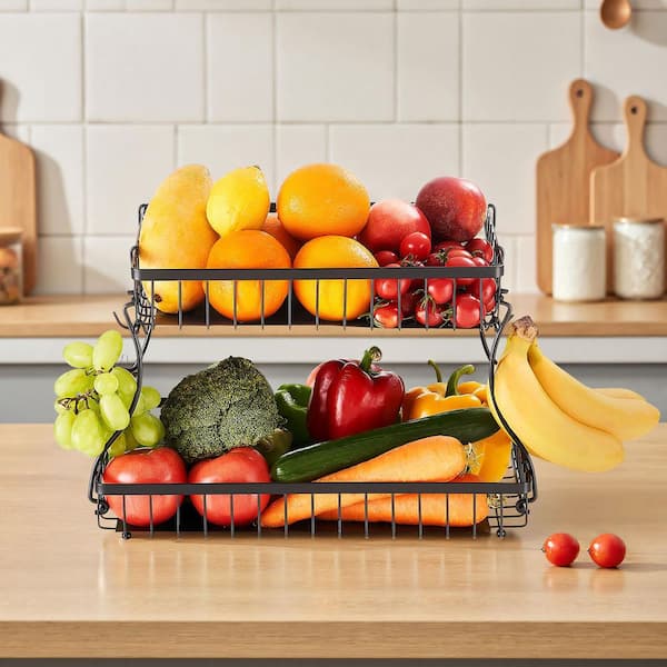 1-Piece 2-Tier, Metal Wire, Black, for Kitchen Counter Fruit/Vegetable/Bread/Snack Storage Organizer Bowl Stand Set