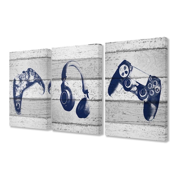 The Kids Room by Stupell Video Gamer Trio Controllers Headset Blue Graphics on Planks Canvas Wall Art Size 16 x 24