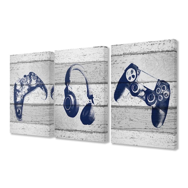 Stupell Industries 16 in. x 24 in. "Video Gamer Trio Controllers Headset Blue Graphics on Planks" by Daphne Polselli Canvas Wall Art
