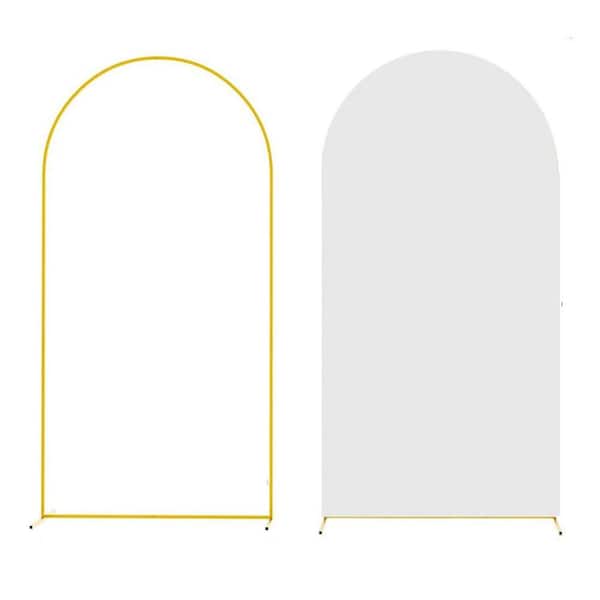 6FT x 2.6FT Gold Metal Arbor Arch Stand Backdrop with White Elastic Spandex Cover for Weddings Birthdays Showers