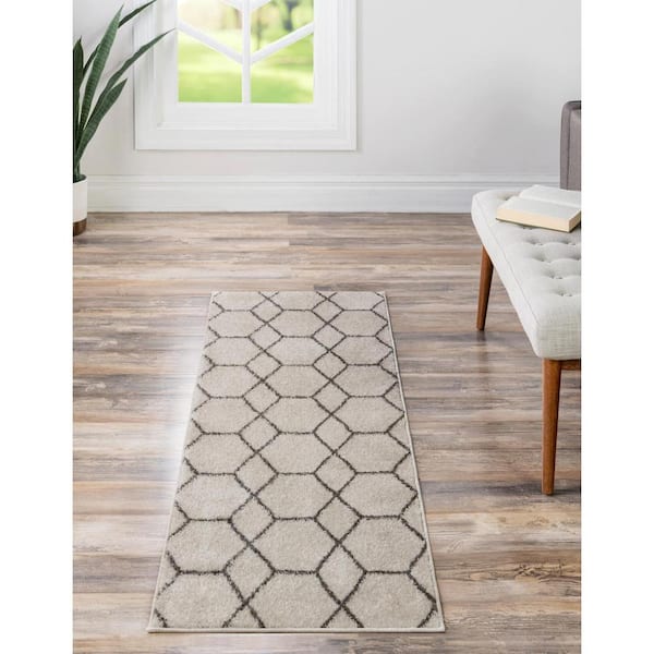 Trellis Frieze Ivory/Gray 2 ft. x 13 ft. Geometric Runner Rug