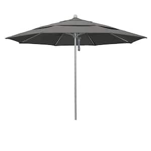 11 ft. Gray Woodgrain Aluminum Commercial Market Patio Umbrella Fiberglass Ribs and Pulley Lift in Charcoal Sunbrella