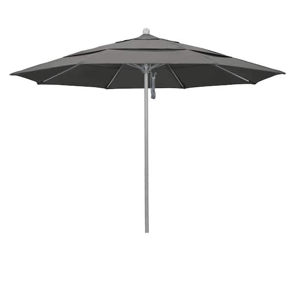 California Umbrella 11 ft. Gray Woodgrain Aluminum Commercial Market Patio Umbrella Fiberglass Ribs and Pulley Lift in Charcoal Sunbrella