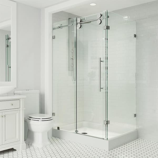 Winslow 36 in. L x 48 in. W x 80 in. H Frameless Sliding Shower Enclosure Kit in Stainless Steel with Clear Glass