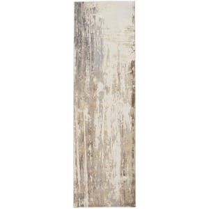 2 X 8 Tan and Ivory Abstract Runner Rug