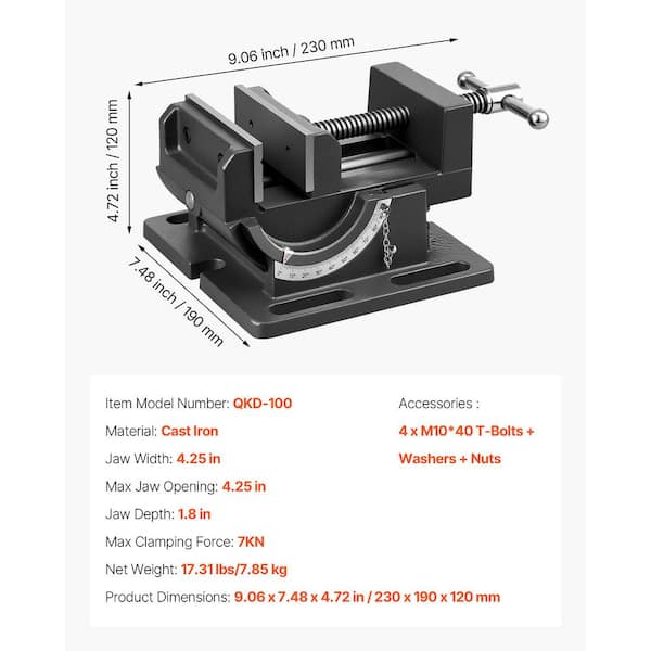 WEN TV434 4.25-Inch Tilting Angle Vise – Heavy-Duty Cast Iron, 7 Positive Stops, Fits Most Drill Press Tables