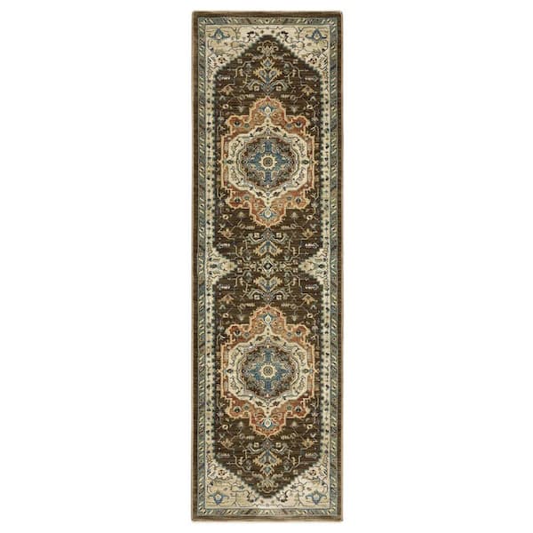 Fleetwood Brown/Orange 2 ft. x 8 ft. Center Oriental Medallion Polypropylene Fringe Edge Indoor Runner Area Rug