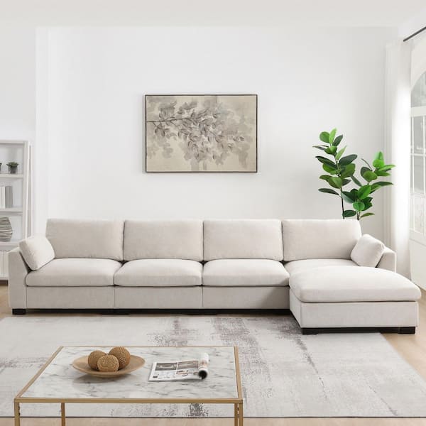 130 in. Square Arm Chenille Sofa in Beige with Folding Table,Dual-Port Charging, Storage Pockets and 2 Pillows