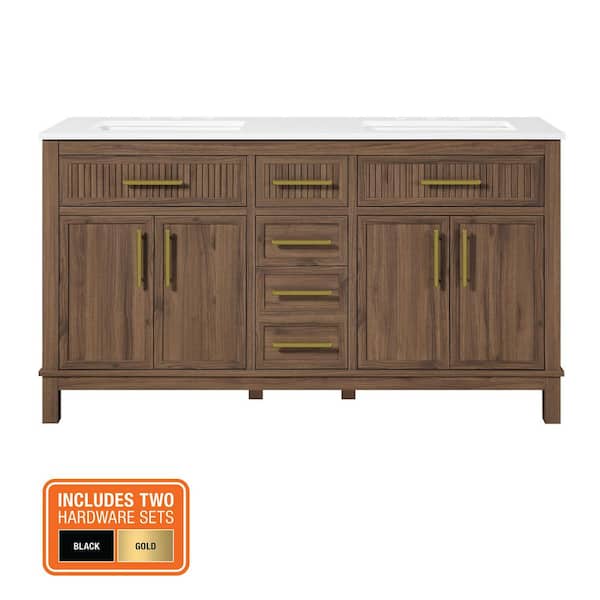 Riley 60 in. Double Sink Spiced Walnut Bath Vanity with White Engineered Stone Top (Assembled)