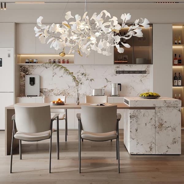 10-Light Silver Chandelier, Luxury Ceramic Ginkgo Branch Chandelier for Living Room, Dining Room, Kitchen Island-L59 in.