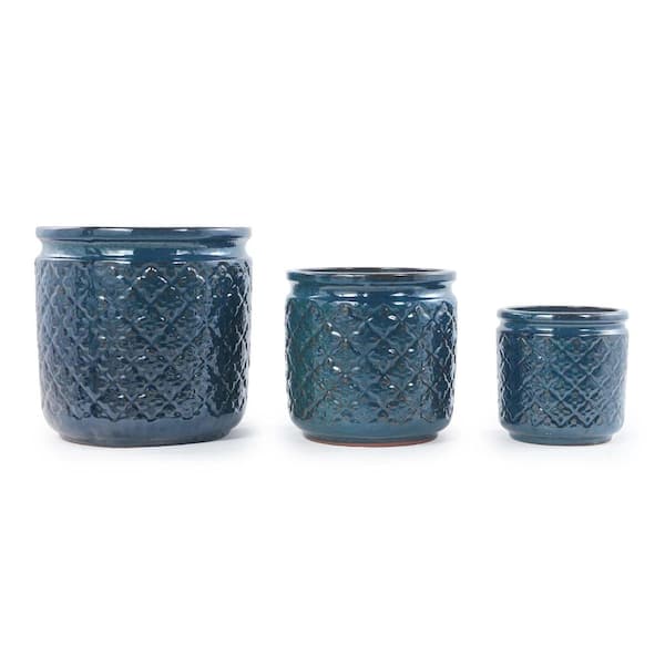 Handmade Ceramic Flower Pot Set of 3, 15/12/9 Inch Diameter, Navy Blue with Geometric Pattern