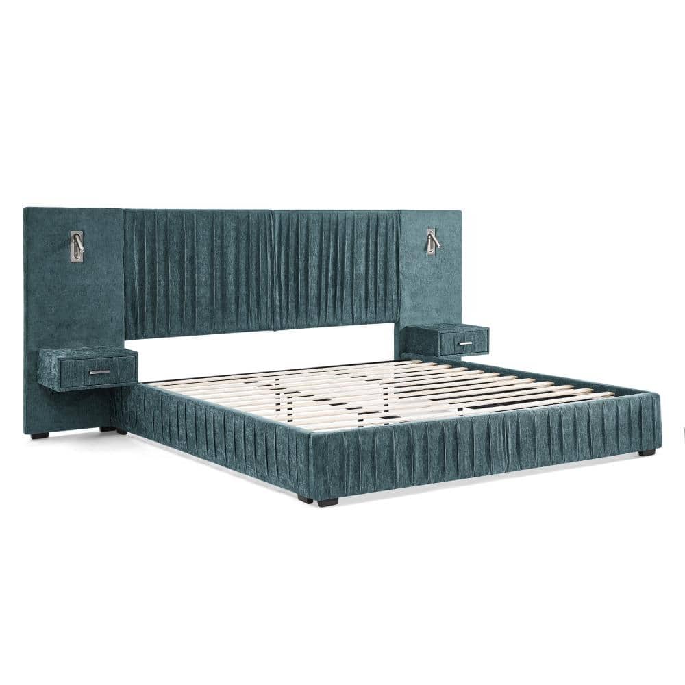 Blue-Green Upholstered King Platform Bed Frame with Chenille Fabric, Pleated Design, Headboard, Bedside Table &