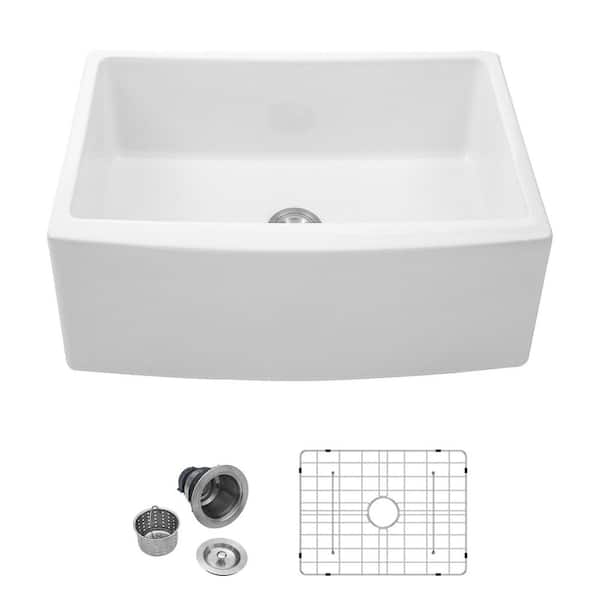 24 in. Farmhouse Single Bowl 16 Gauge White Ceramic Kitchen Sink with Basket Strainer