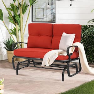 2-Person Metal Outdoor Patio Glider Rocking Bench Loveseat with Red Cushion