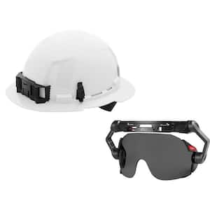 BOLT White Type 1 Class E Full Brim Non Vented Hard Hat with 4-Point Ratcheting Suspension with BOLT Tinted Eye Visor