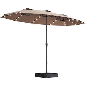 Taupe 15x9ft Large Metal Double-Sided Rectangular Outdoor Twin Patio Market Umbrella with Light & Base, Weather Proof