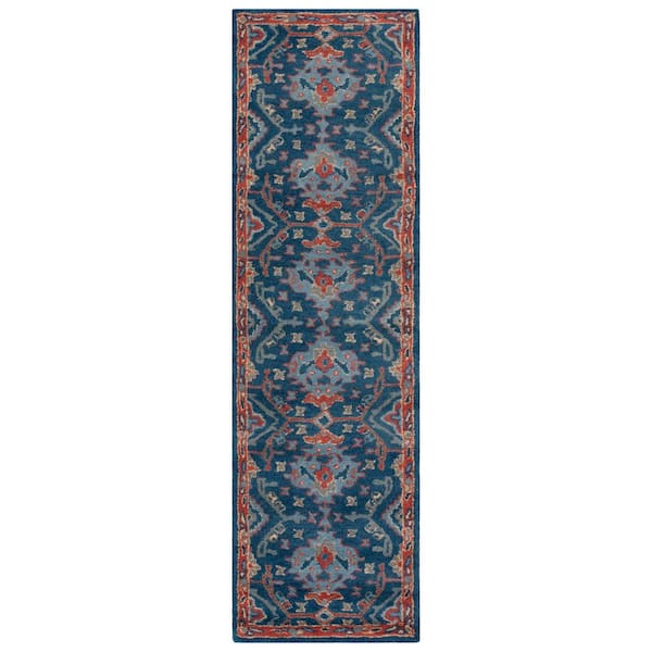 Heritage 2 ft. x 6 ft. Blue/Multi Floral Geometric Border Runner Rug