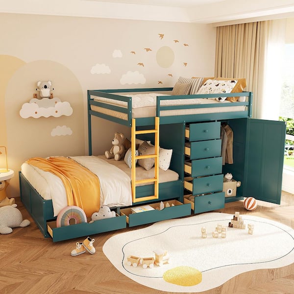 Green Full over Full Bunk Bed with 2 Large Drawers & 5 Small Drawers, MDF & Solid Wood Construction