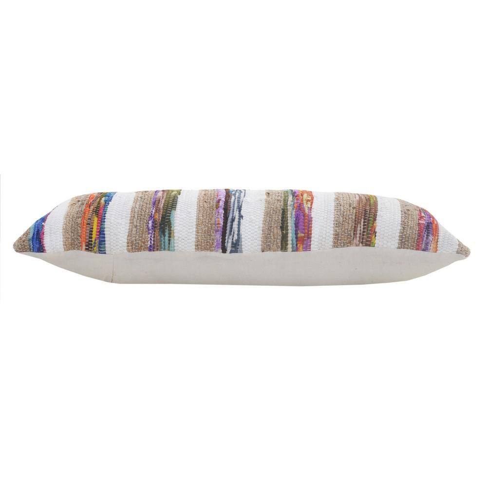 Natural Jute and Multicolored Cotton Striped Rectangular Throw Pillow