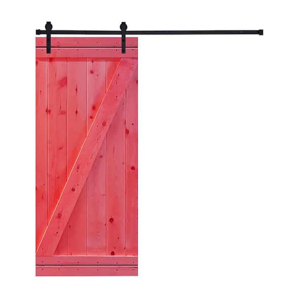 AIOPOP HOME Z-Bar Series 30 in. x 84 in. Scarlet Red Stained Knotty Pine Wood DIY Sliding Barn Door with Hardware Kit