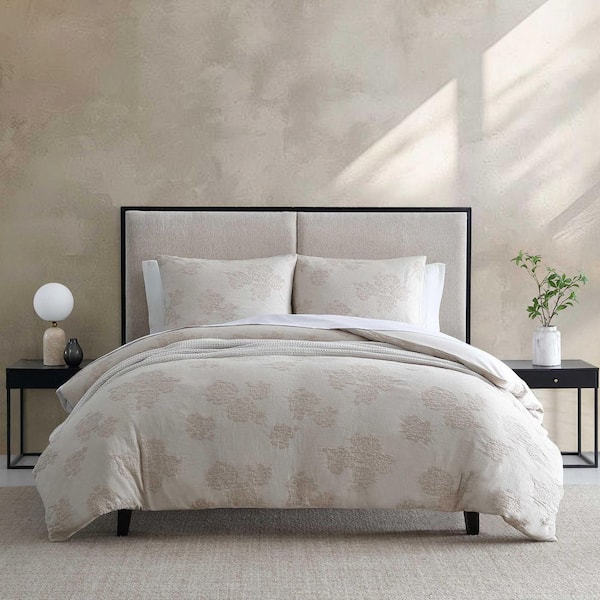 Roses 3-Piece Natural Beige Jacquard Cotton King Comforter Set