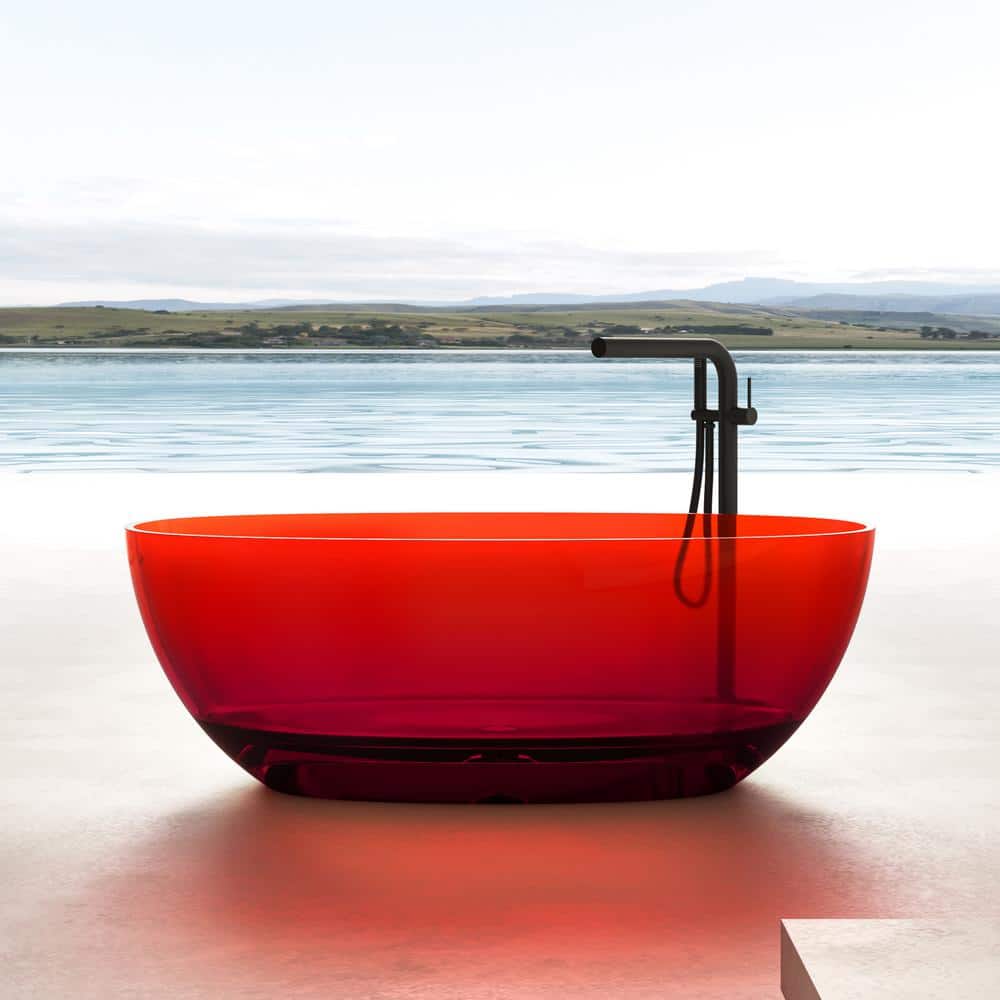 59" Pure Resin Red Freestanding Soaking Bathtub with Polished Chrome Drain