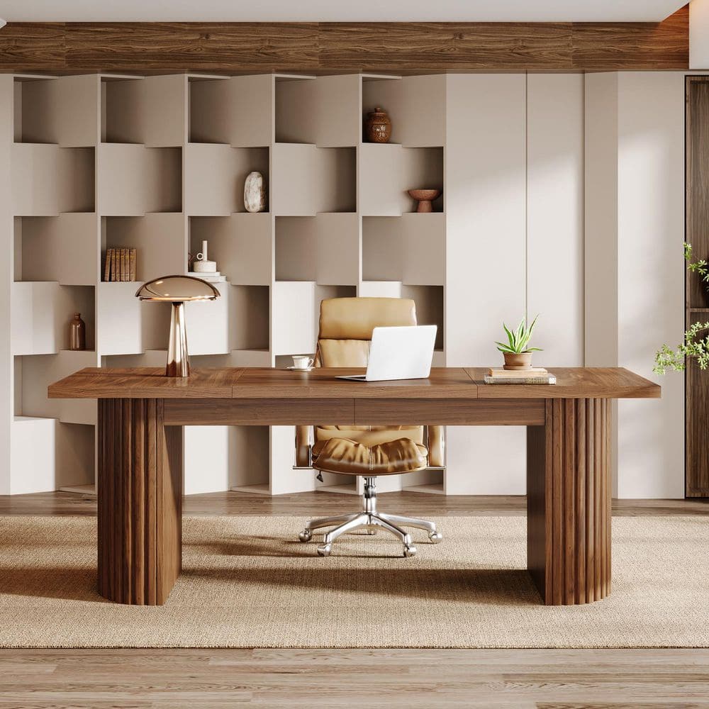 78.74 in. Rectangle Brown Wood Computer Desk with Double Base, Extra Long Executive Desk for Home Office, Bedroom