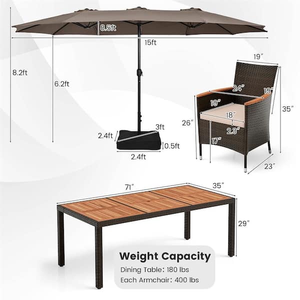 Brown 11-Piece Metal Rectangle 29 in. Outdoor Dining Set with 15 ft. Coffee Double-Sided Patio Umbrella in Beige Cushion