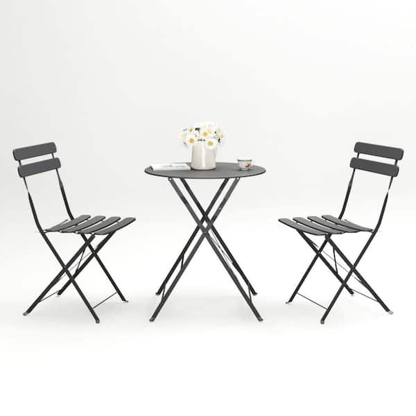 Miscool Anky Gray Patio 3-Piece Metal Round Table and 2-Chairs Foldable Outdoor Bistro Set