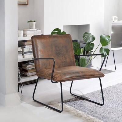 Vintage Brown PU Arm Chairs Dining Chairs Leisure Chair with Backrest & Black Painting Legs