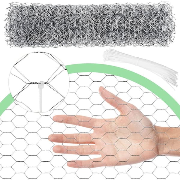 13.7 in. x 590.5 in. Hexagonal Galvanized Wire Netting for Pet Rabbit Chicken Fencing with 100 Cable Zip Ties, Silver