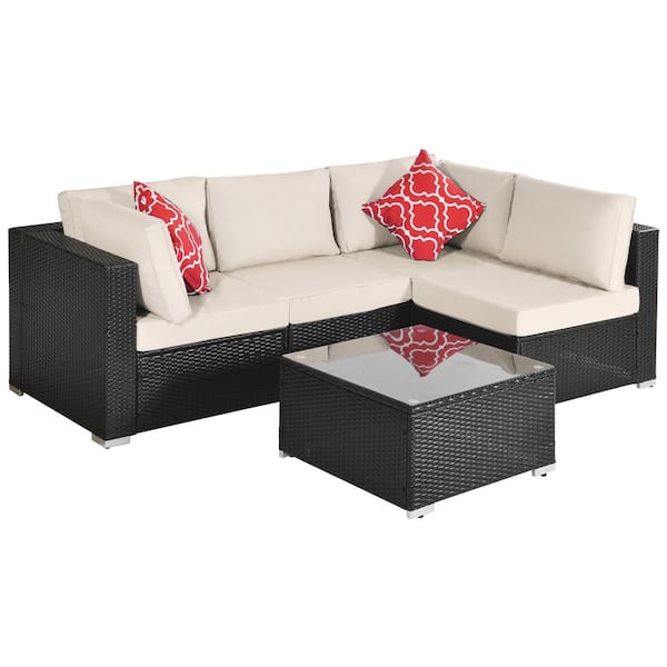 Boosicavelly 5-Piece PE Rattan Wicker Outdoor Sectional Set with 2 Cushion and Pillows and Coffee Table