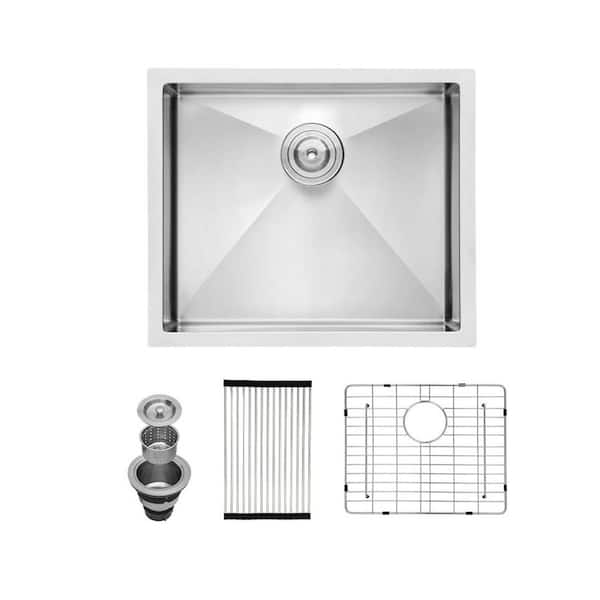 23 in. Undermount Single Bowl 16 Gauge Brushed Nickel Stainless Steel Kitchen Sink with Dish Grid and Drying Rack