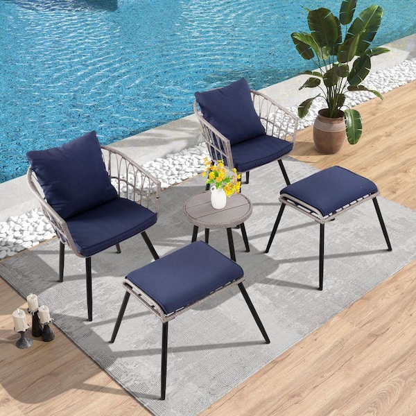 Gray 5-Piece Wicker Outdoor Bistro Set with Washed Blue Cushion