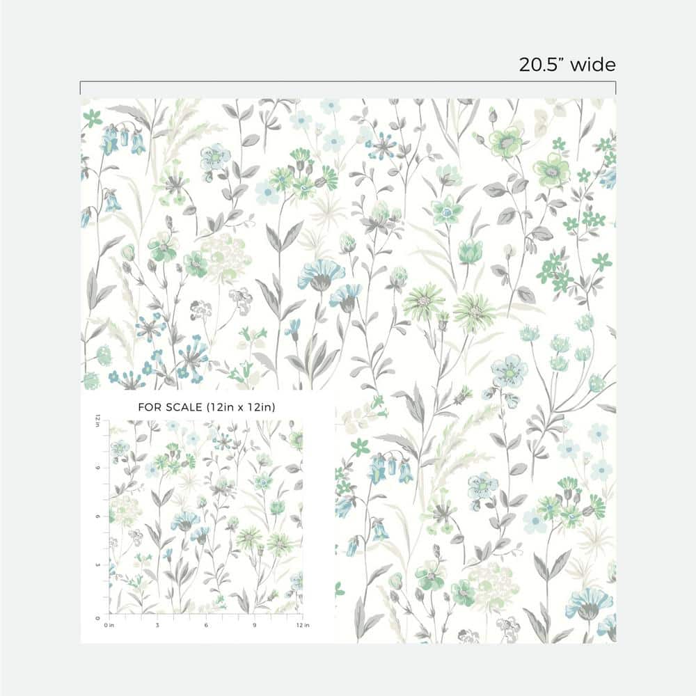 Dew Drop and Spring Green Vinyl Floral Peel and Stick Wallpaper Roll
