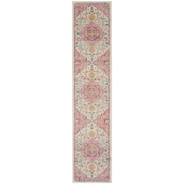 Nourison Passion Ivory Pink 2 ft. x 12 ft. Bordered Transitional Runner Area Rug