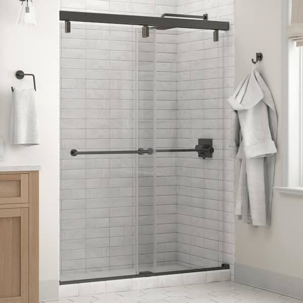 Crestfield Mod 50-1/8 to 58-1/2 in. W x 71-1/2 in. H Soft-Close Frameless Sliding Shower Door, Bronze, Clear Glass