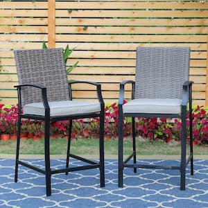 Black Rattan Metal Outdoor Bar Stools with Beige Cushion (2-Pack)