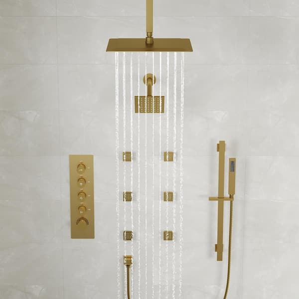 15-Spray Patterns 16 and 6 in. Ceiling Mount Dual Shower Head and Handheld Shower Head 2.5 GPM in Brushed Gold