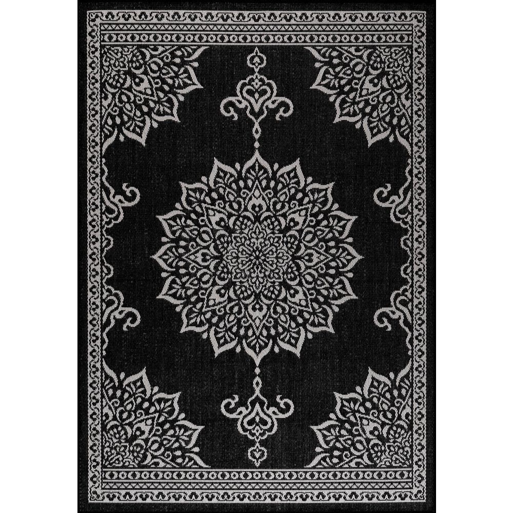 CAMILSON Hawaii Black/White 8 ft. x 10 ft. Medallion Indoor/Outdoor