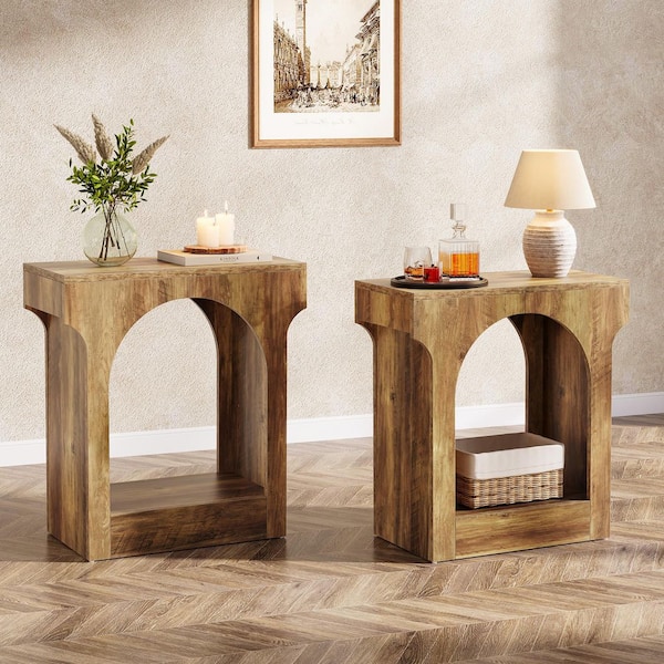 BYBLIGHT Kerlin 23.6 in. Rustic Brown Short Rectangle Wood End Table with Storage Space, Nightstand Bedroom, Living Room 2-Piece