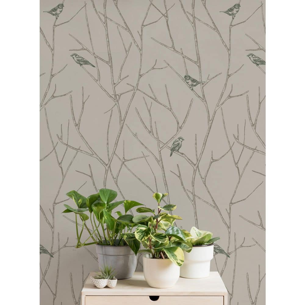 Branch Birds Green Peel and Stick Vinyl Wallpaper Roll