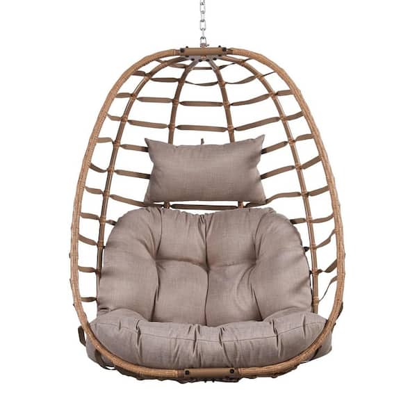 Yellow Wicker Patio Swing Hanging Egg Chair with Beige Cushion