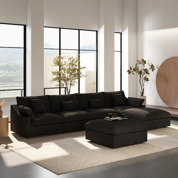 156 in. Square Arm Linen 6-Piece Free Combination Comfy Couch Cloud Modular Sectional Sofa with Storage Ottoman in Black