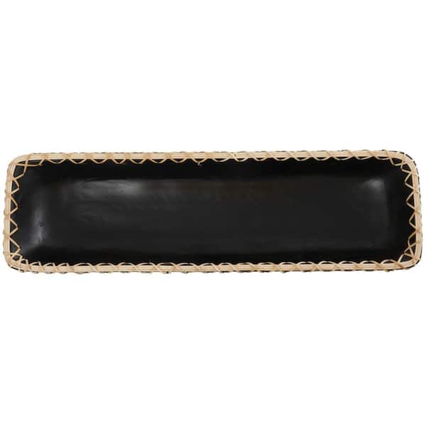 Litton Lane Black Handmade Mango Wood Nesting Decorative Tray with Hand Sewn Seagrass Accents