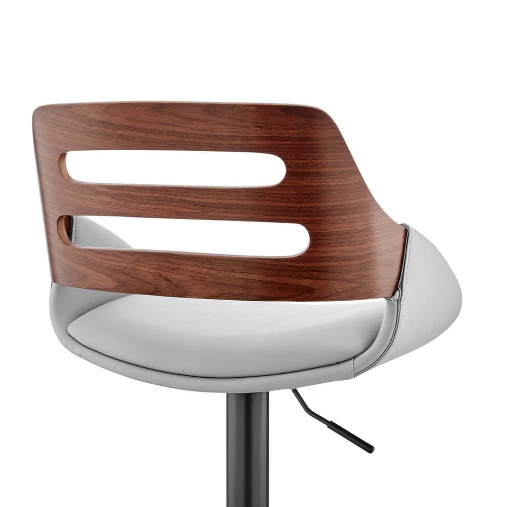 Adjustable Gray Leather and Walnut Wood Swivel Bar Stool